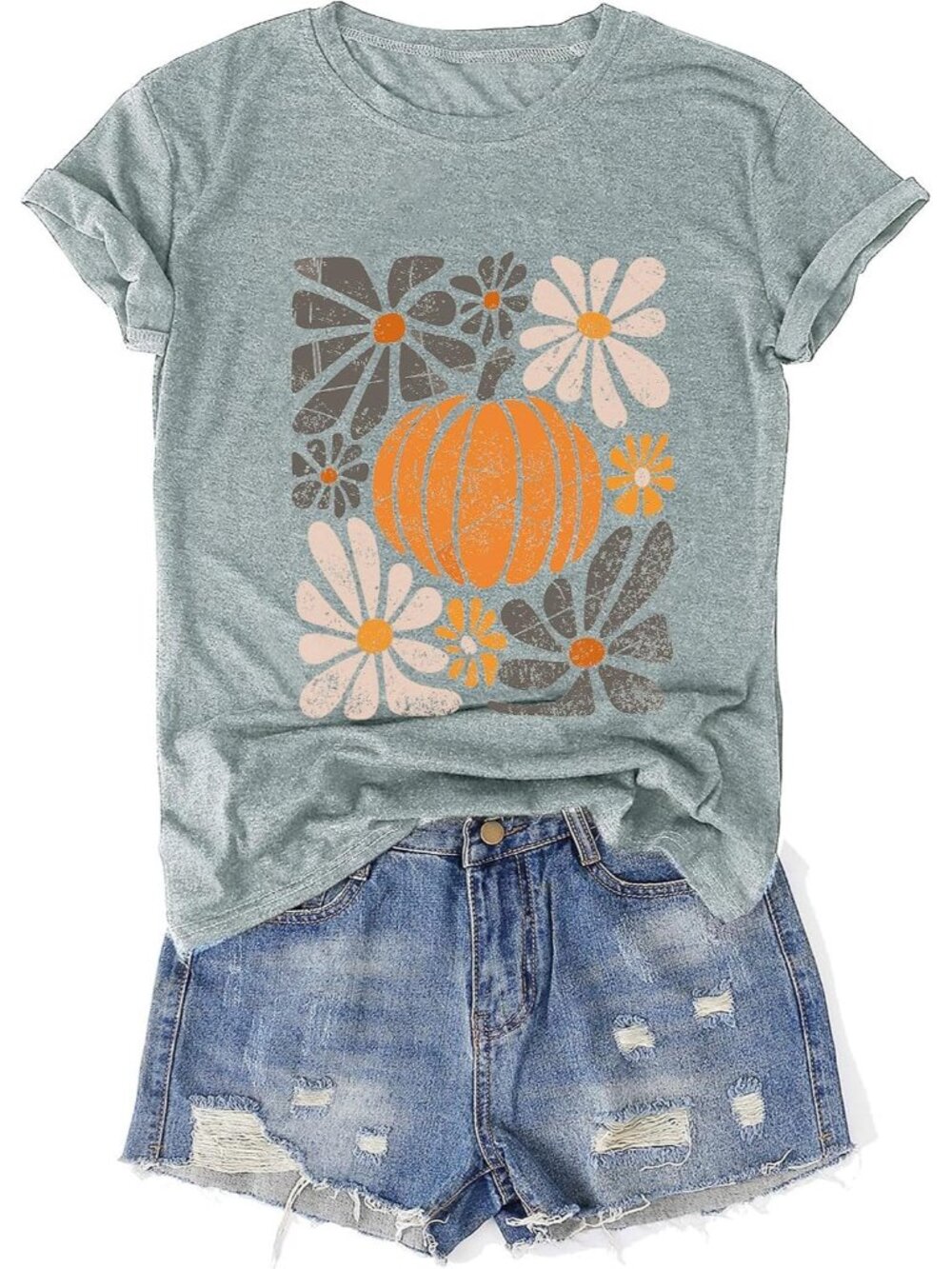 🆕 Women's Light Green Retro Floral Pumpkin Graphic Tee Short Sleeve Shirt